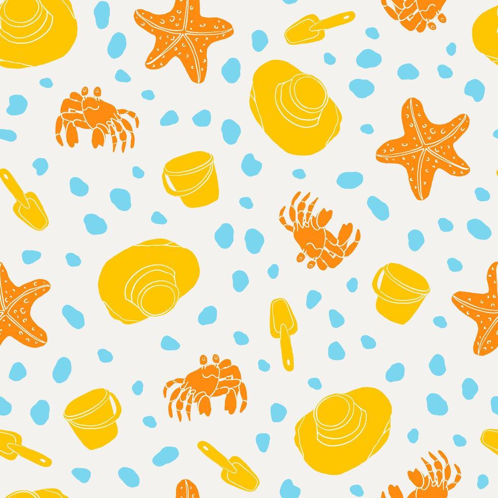 Fun beach themed seamless pattern with a crab, hat, bucket, shovel and pebbles. Wrapping paper, textile design. vector