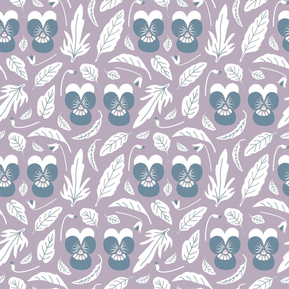 Seamless floral pattern with pansies and leaves. Enchanted garden style. Tender, elegant repeat for textile, paper design. vector