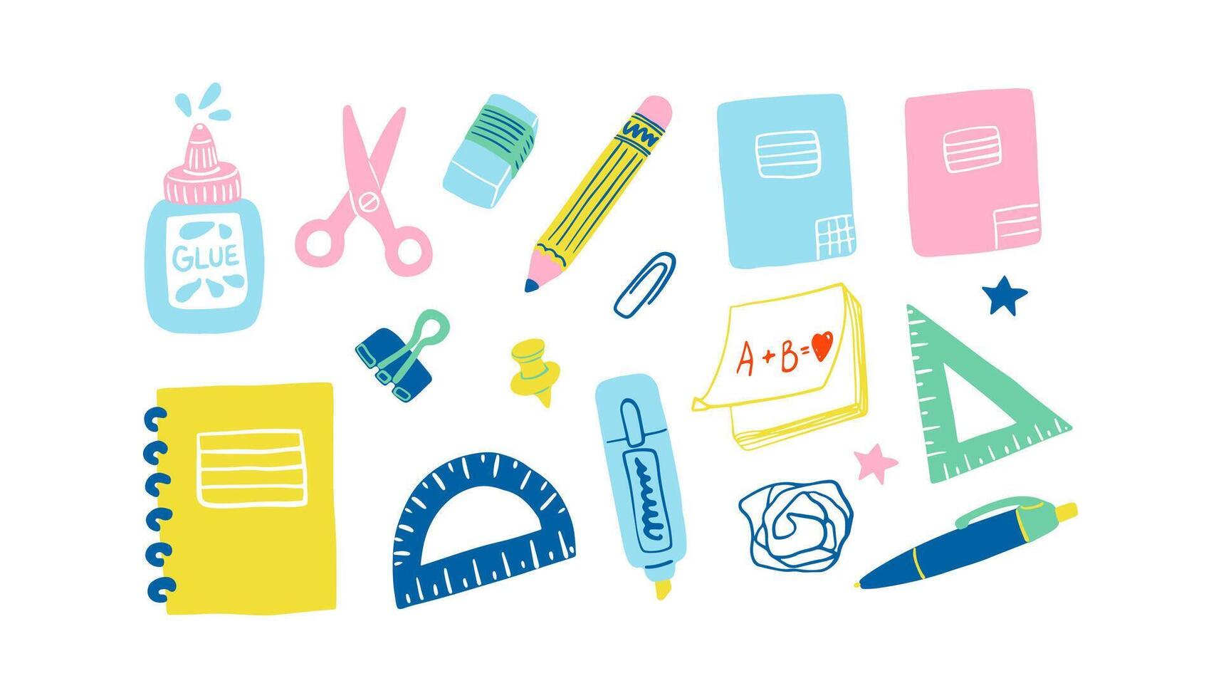 Cute stationery set. Office, school supplies, flat design. Notebook, pen, pencil, ruler, paper clip, sticky notes, push pin, highlighter, glue, eraser, scissors. vector