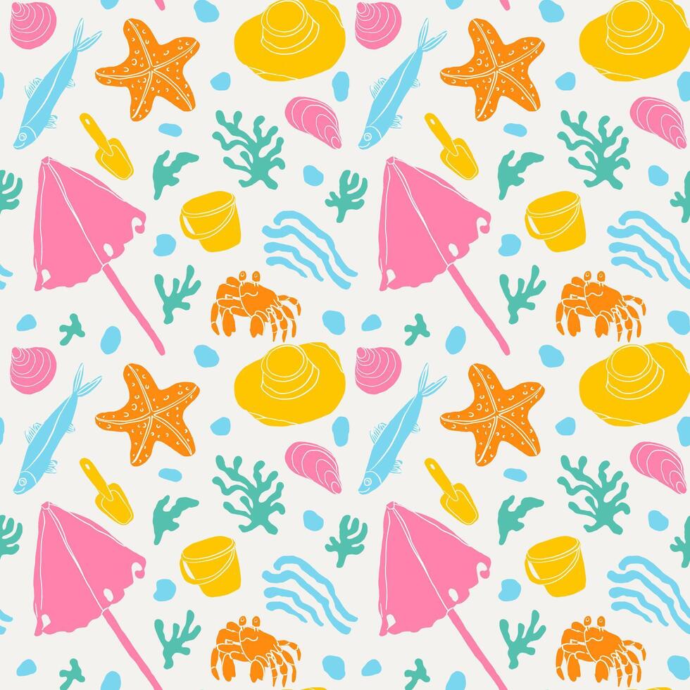 Bright fun beach themed seamless pattern with a crab, beach umbrella, bucket, seaweed and other coastal elements. vector