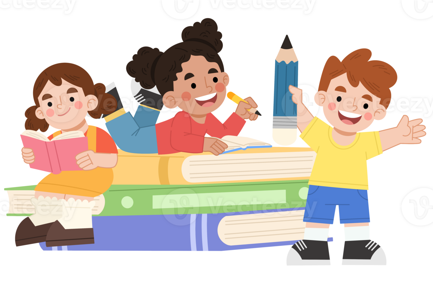 Children reading and learning cartoon illustration png