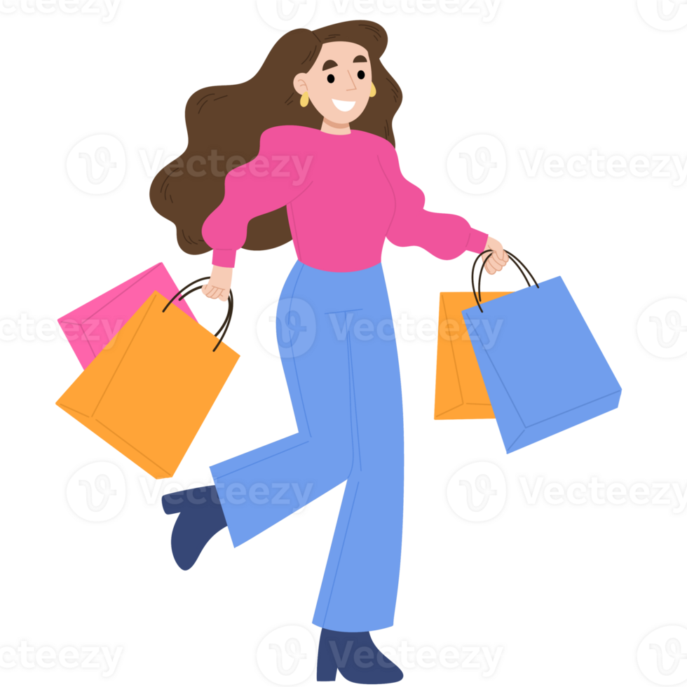 Woman with shopping bags flat illustration png