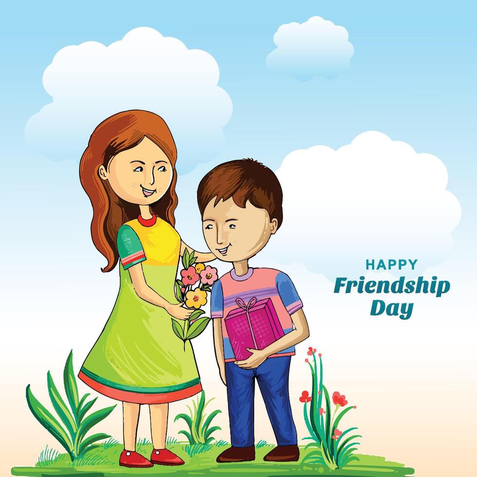 Happy friendship day greeting card with two kids child friends background vector