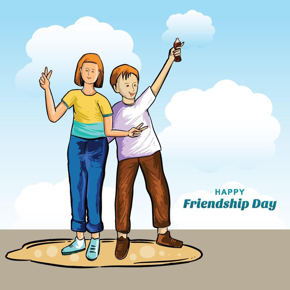 Happy friendship day greeting card with four child friends background vector