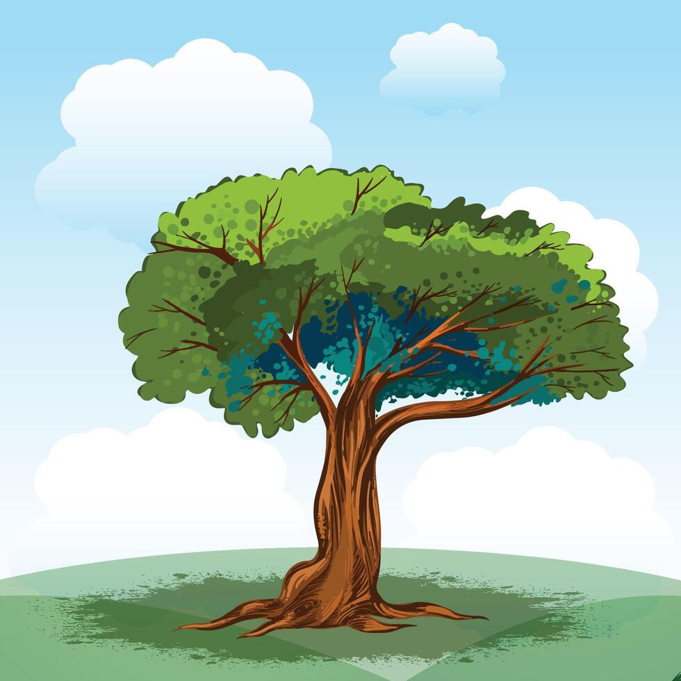 Beautiful hand draw landscape tree background vector