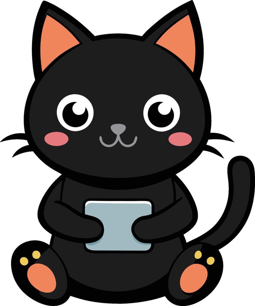 kawaii black cat playing game sticker vector