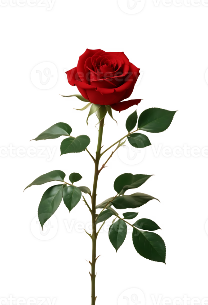 red rose flower, with green leaves, isolated on a transparent background, png