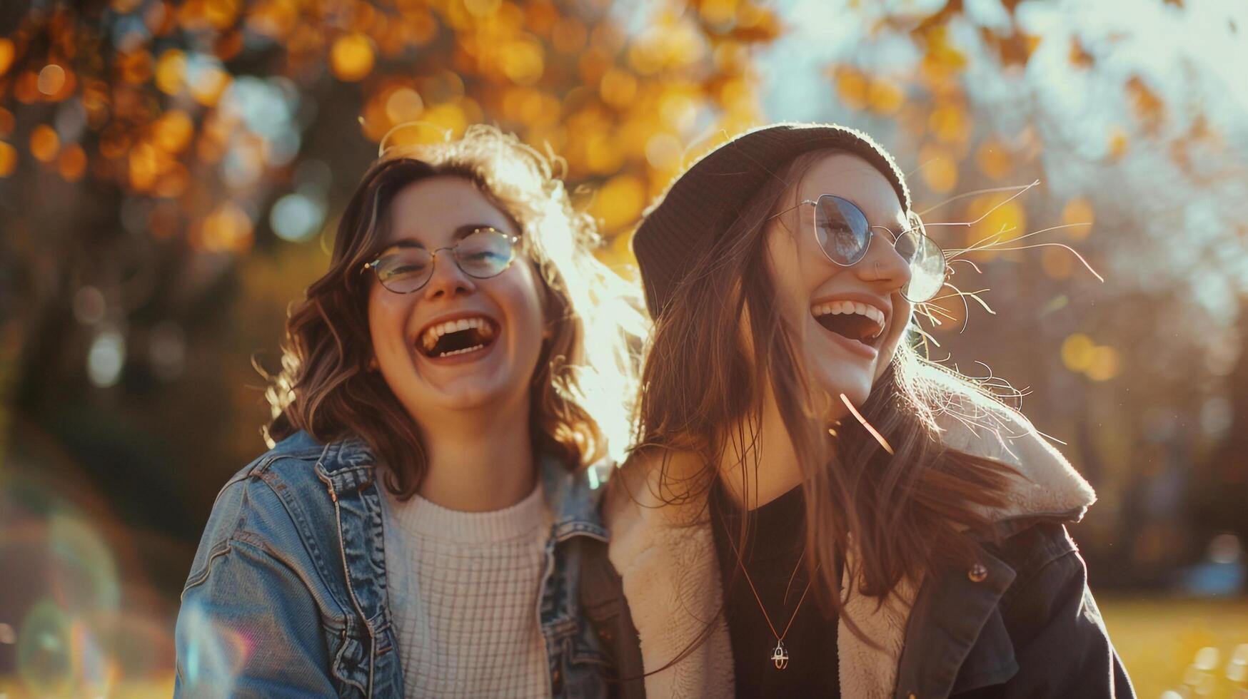 Two women laughing in a park with trees in the background photo
