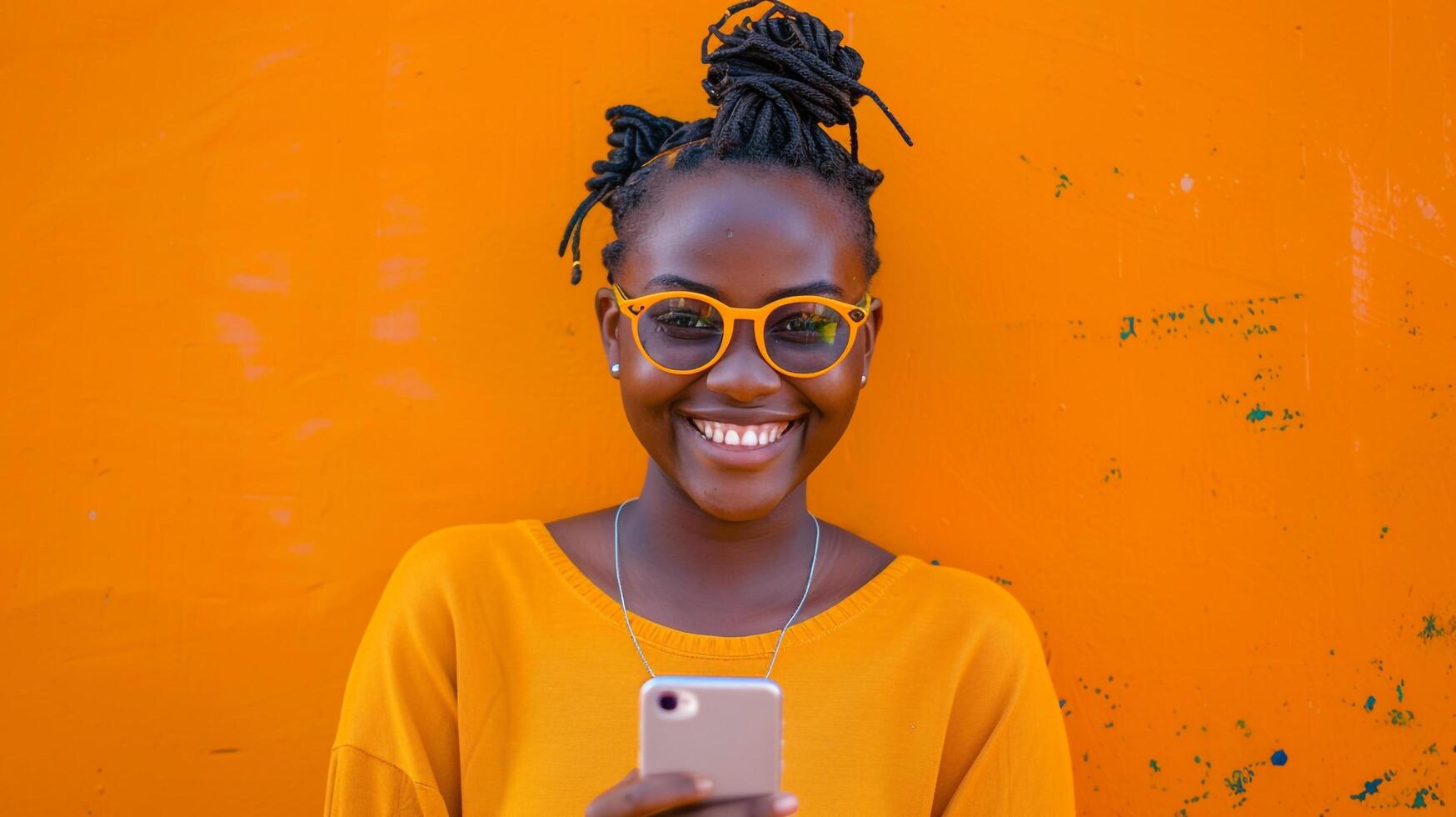 Happy lady in yellow top with mobile against yellow backdrop photo