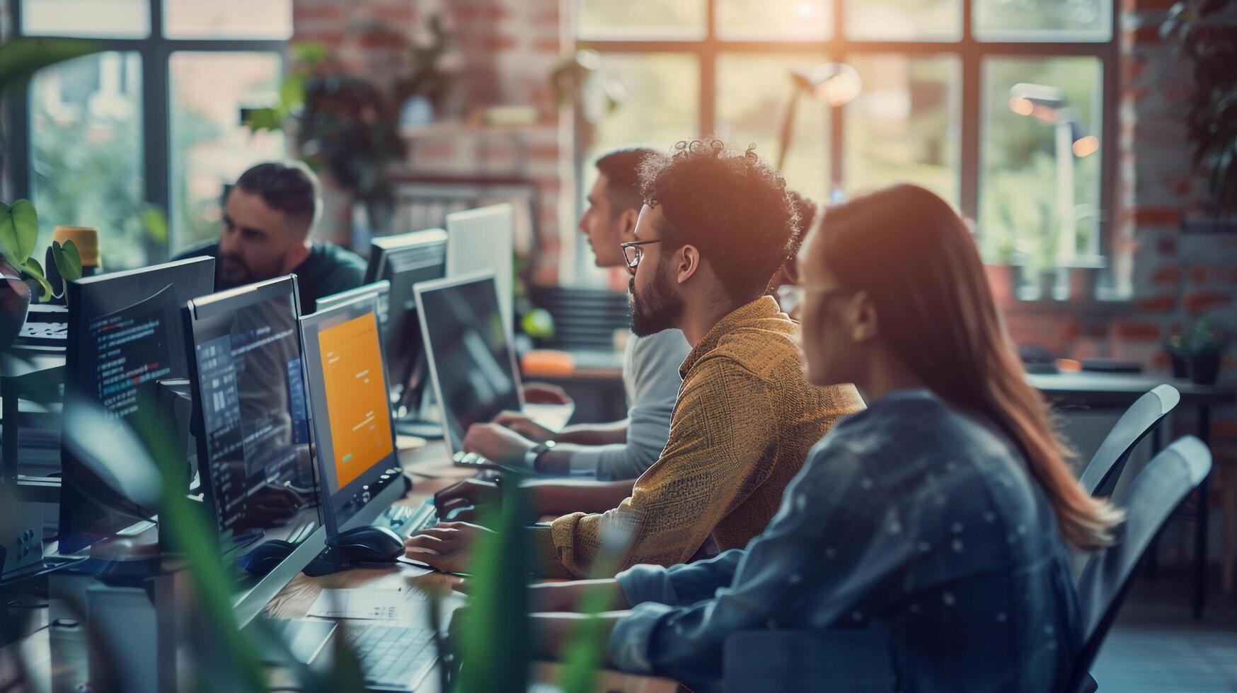 People working at desk with computers in spacious room photo
