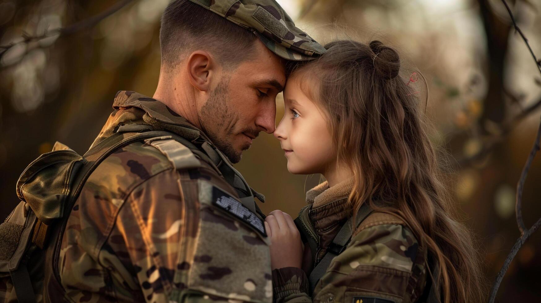 Soldier in camouflage carrying young girl photo