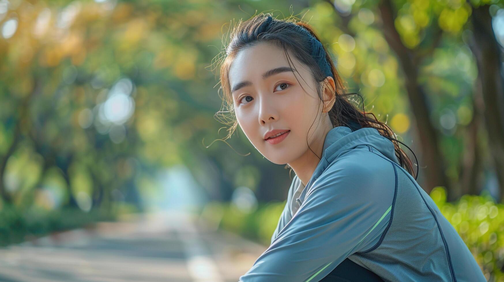 Woman seated park bench photo