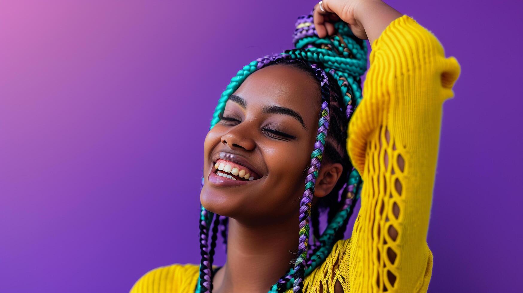 Cheerful lady with violet and azure dreadlocks photo