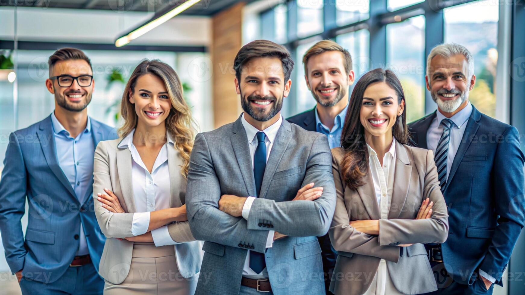 Group of cheerful businesspeople with leader in front photo