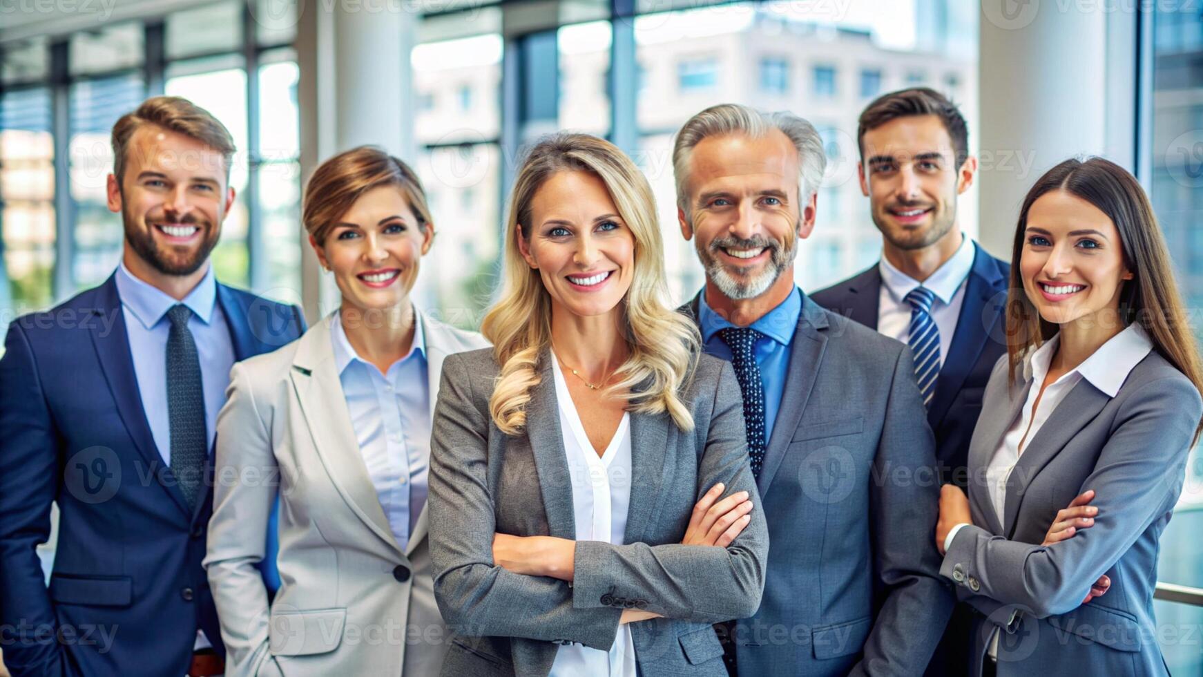 Group of cheerful businesspeople with leader in front photo