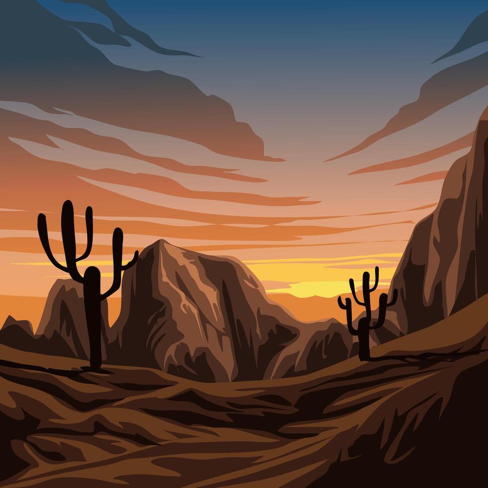 Western desert sunset illustration with cactus vector