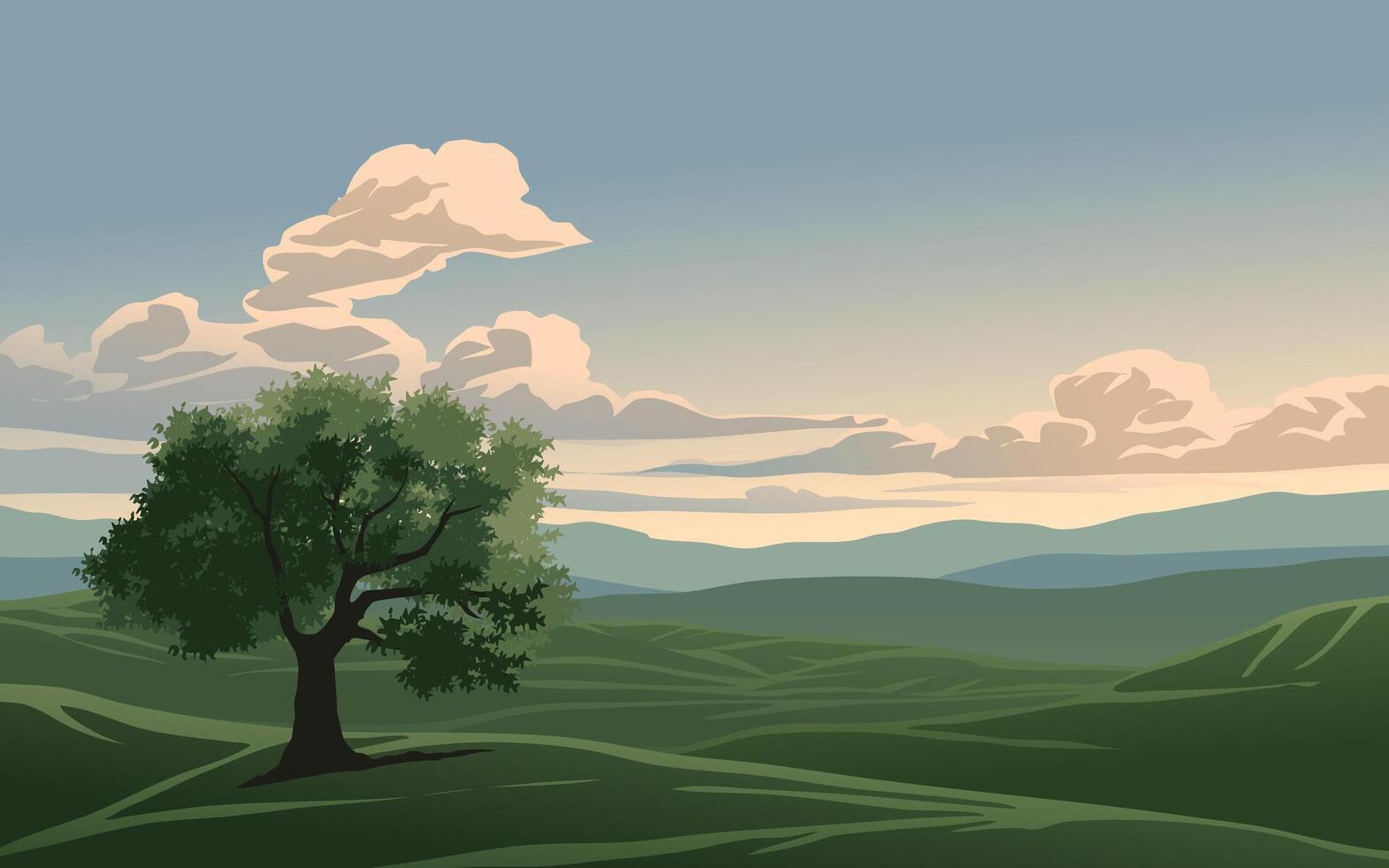Sunrise landscape with a tree and meadow vector