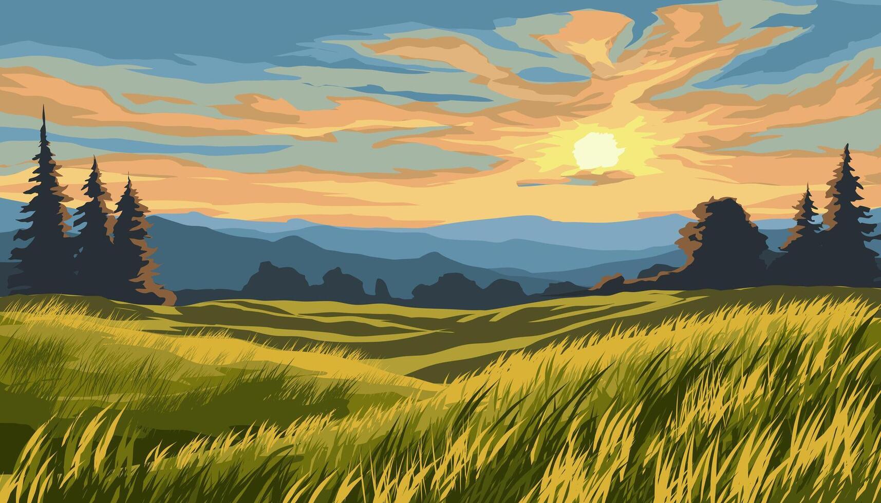 Dramatic sunset over grass field with mountains and forest vector