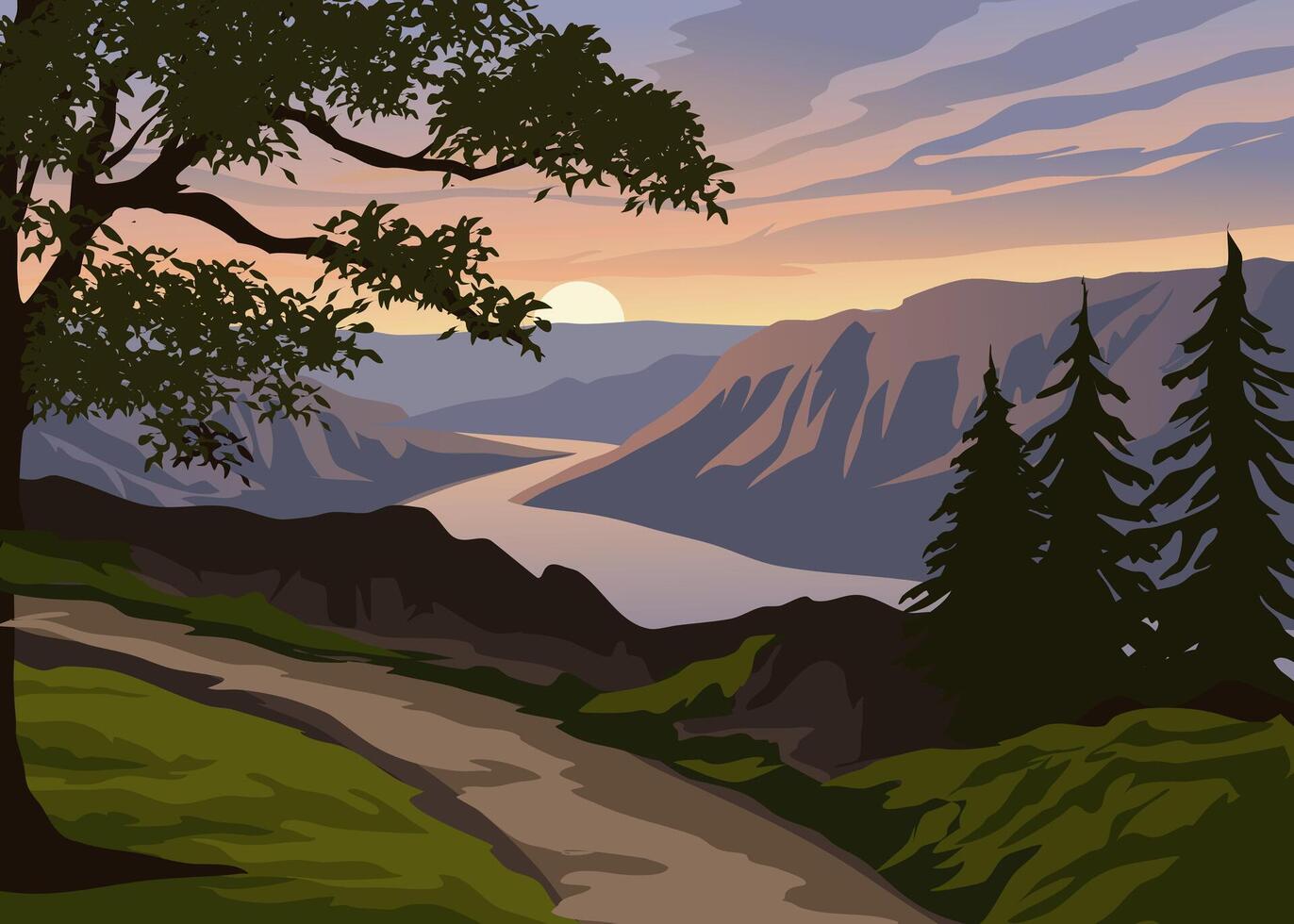 Beautiful nature landscape with road and river vector