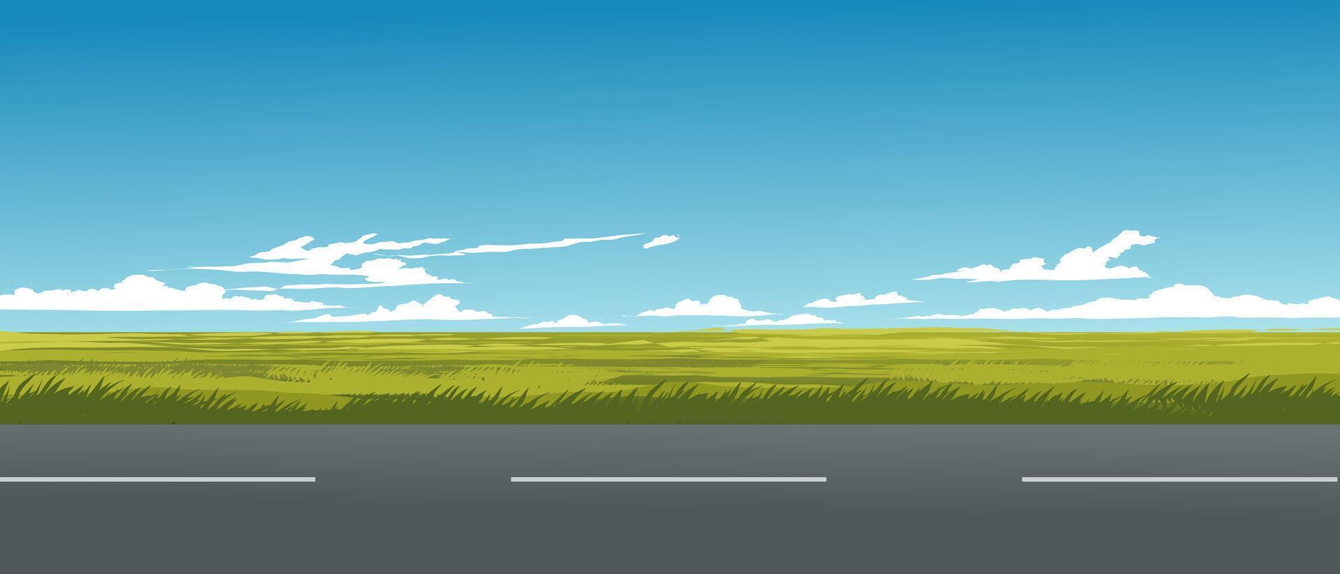 Grassland on sunny day with empty road vector