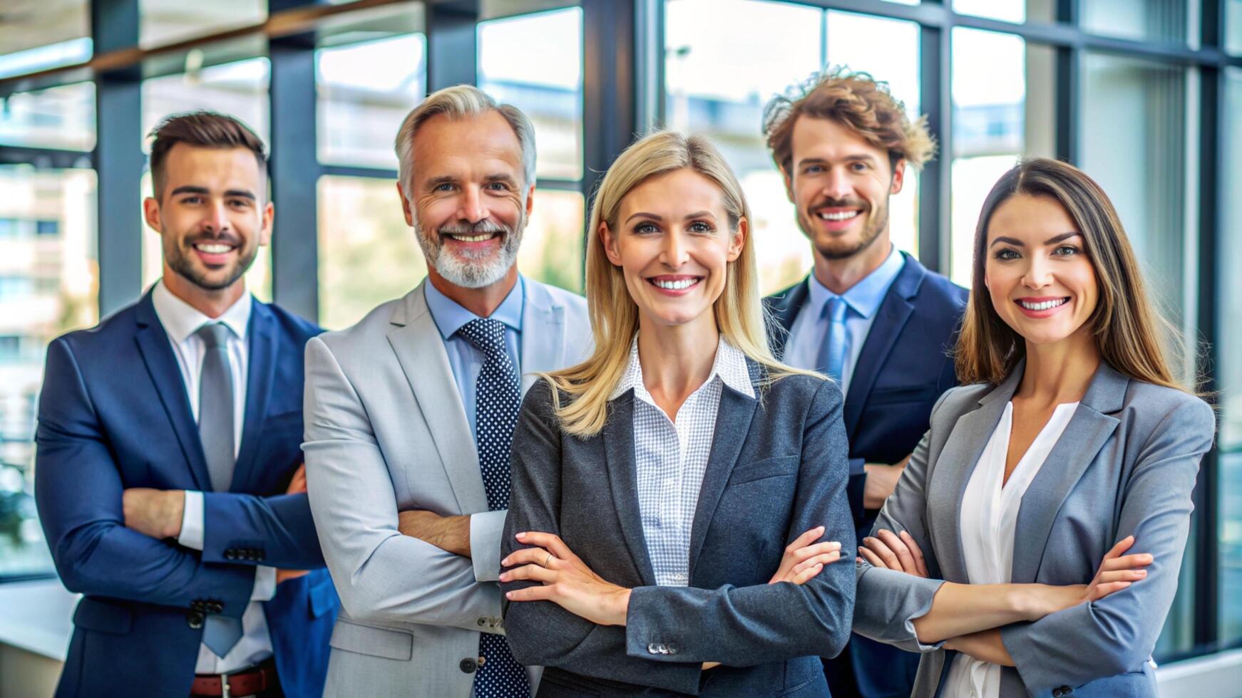 Group of cheerful businesspeople with leader in front photo