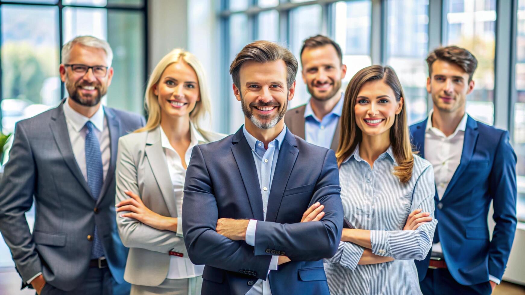 Group of cheerful businesspeople with leader in front photo