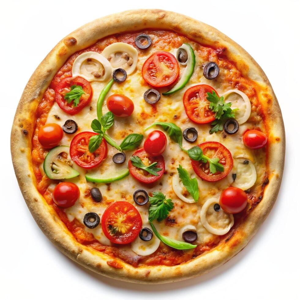 Pizza with meat pepper and tomato on a white background photo