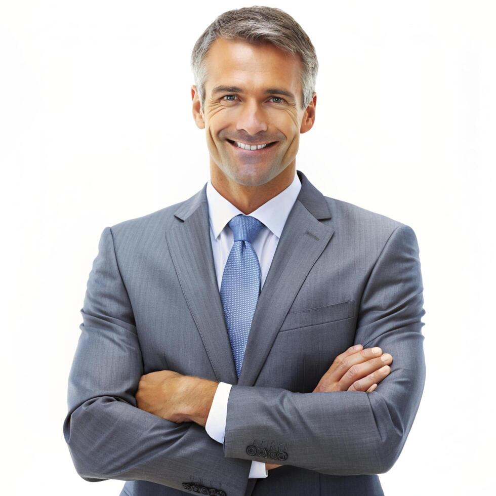 Smiling male professional standing with arms crossed while making eye contact against isolated background photo