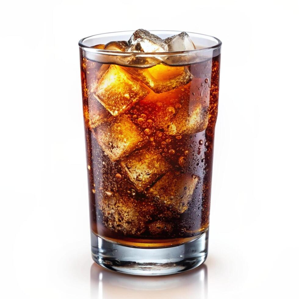 Glass of cola with ice cubes lemon and mint on white background photo