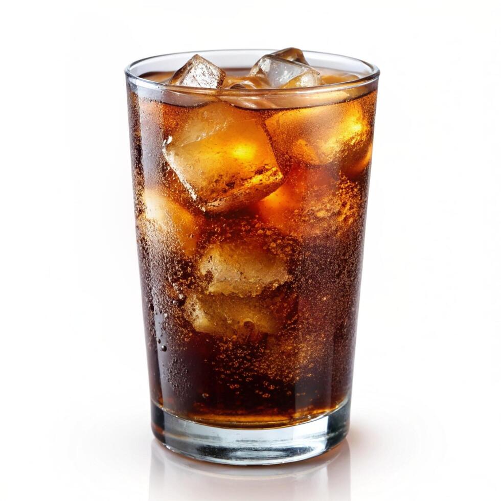 Glass of cola with ice cubes lemon and mint on white background photo