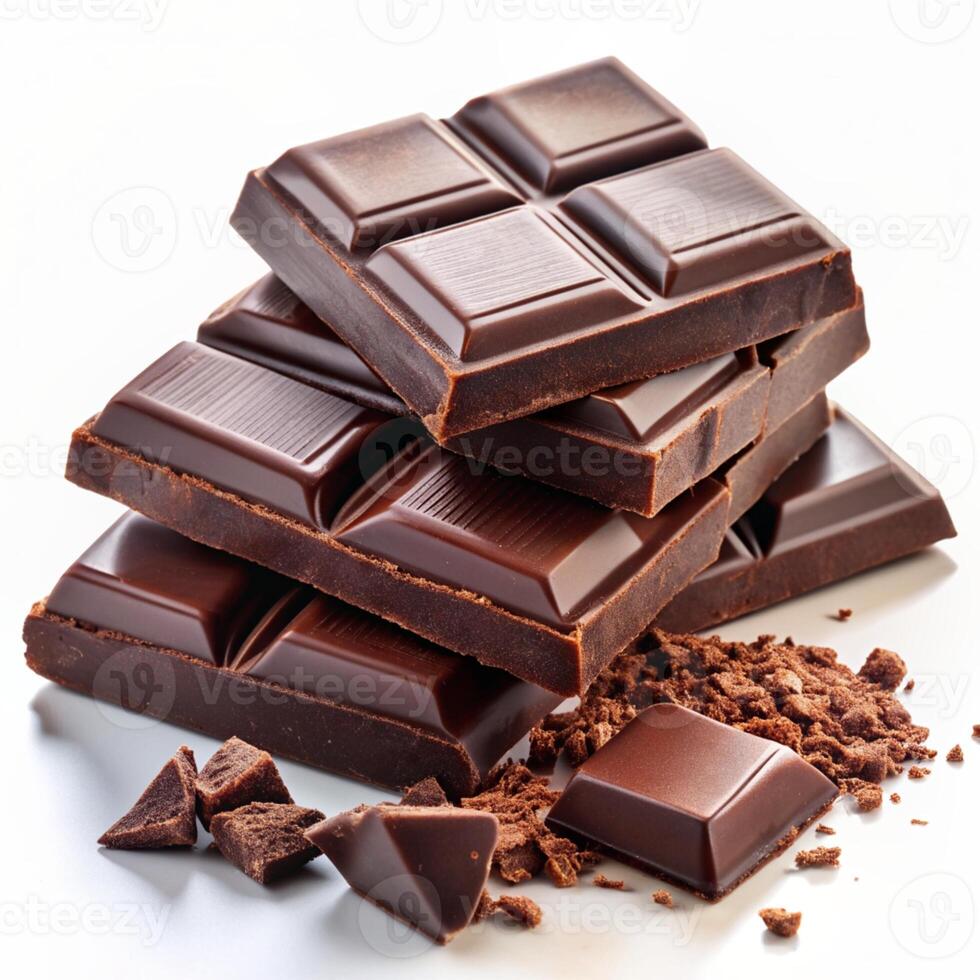 Delicious dark chocolate pieces are isolated on a white background photo