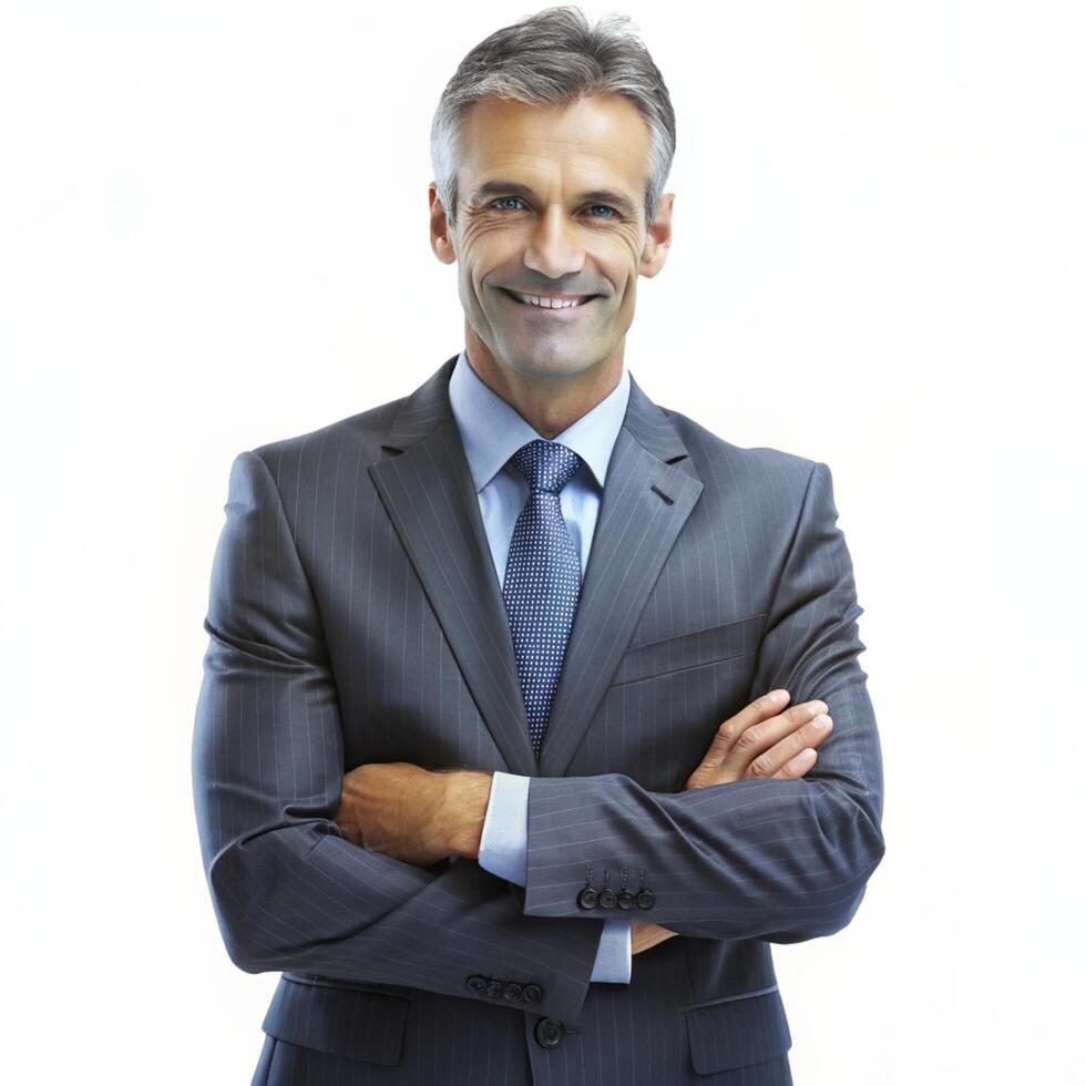 Smiling male professional standing with arms crossed while making eye contact against isolated background photo