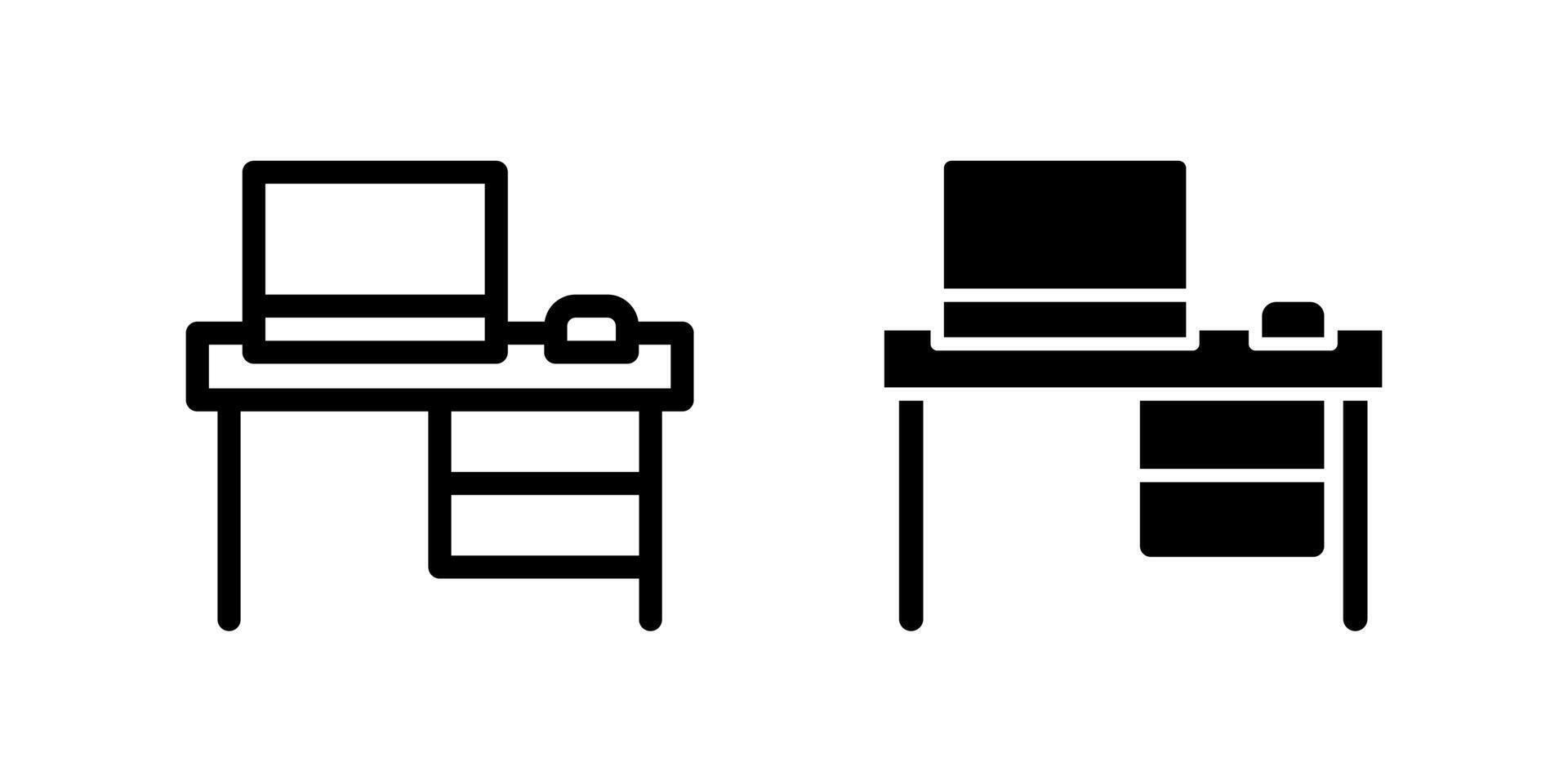 Workspace icon. Office desk illustration. Workplace symbol. Laptop at the table sign. Office furniture silhouette. vector