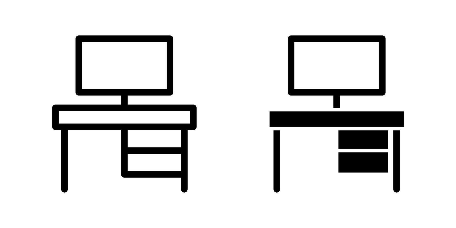 Office desk icon. Workplace illustration. Workspace symbol. Computer table sign. Desktop monitor pictogram. vector