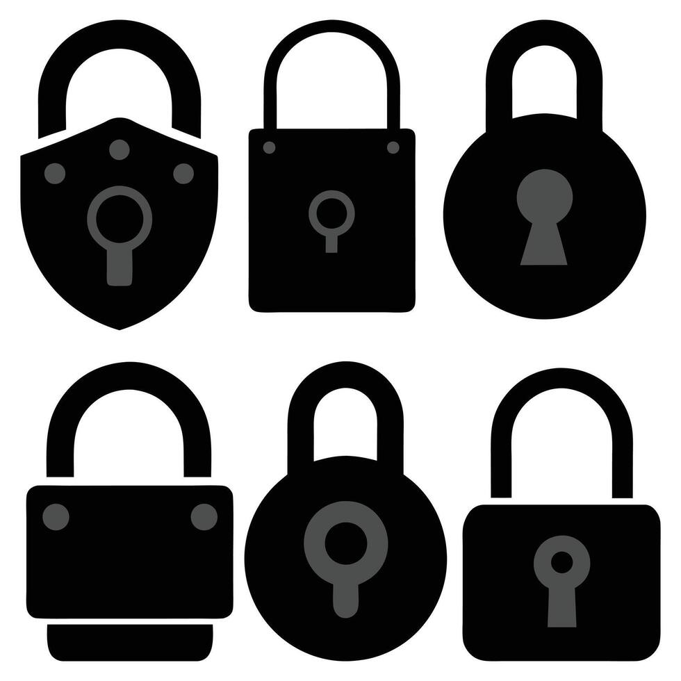 Lock and unlock icon privacy symbol set in black and white color in simple style. Set of close and open locks. Lock icon collection. Locked and unlocked black icon. Lock icon Set Silhouette. vector