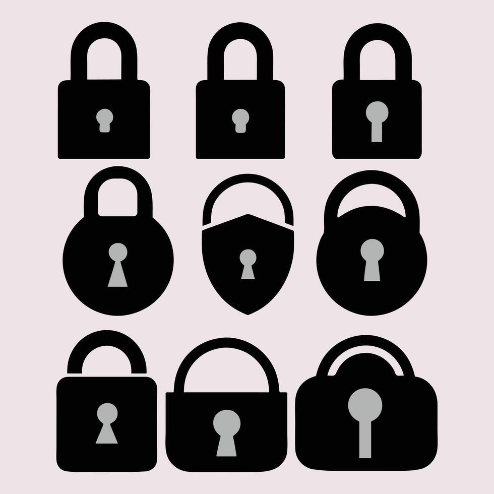Lock and unlock icon privacy symbol set in black and white color in simple style. Set of close and open locks. Lock icon collection. Locked and unlocked black icon. Lock icon Set Silhouette. vector