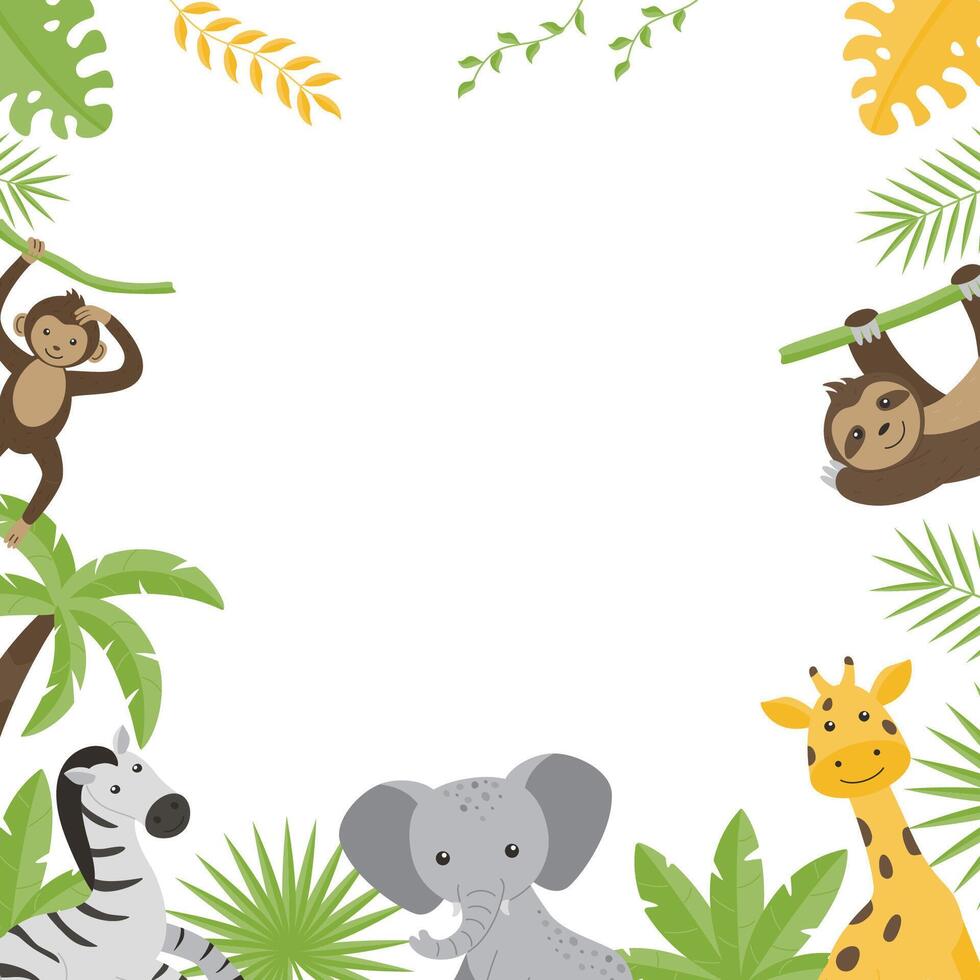 Children's square empty frame with the image of wild jungle animals. vector