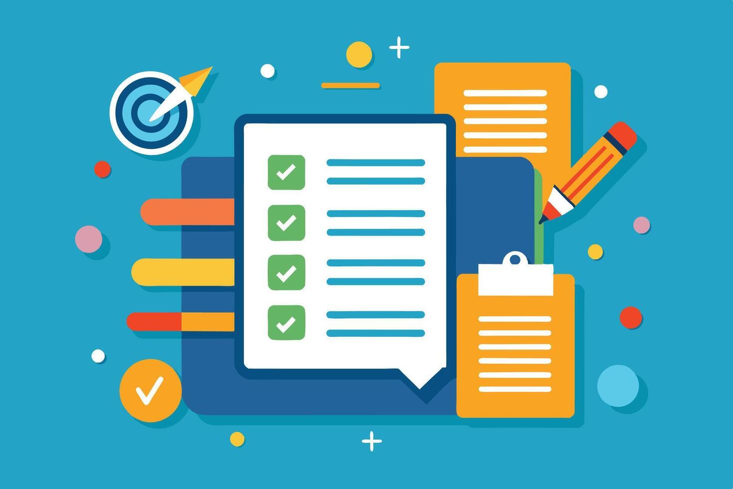 Completed Checklist With Pencil And Clipboard On Blue Background vector
