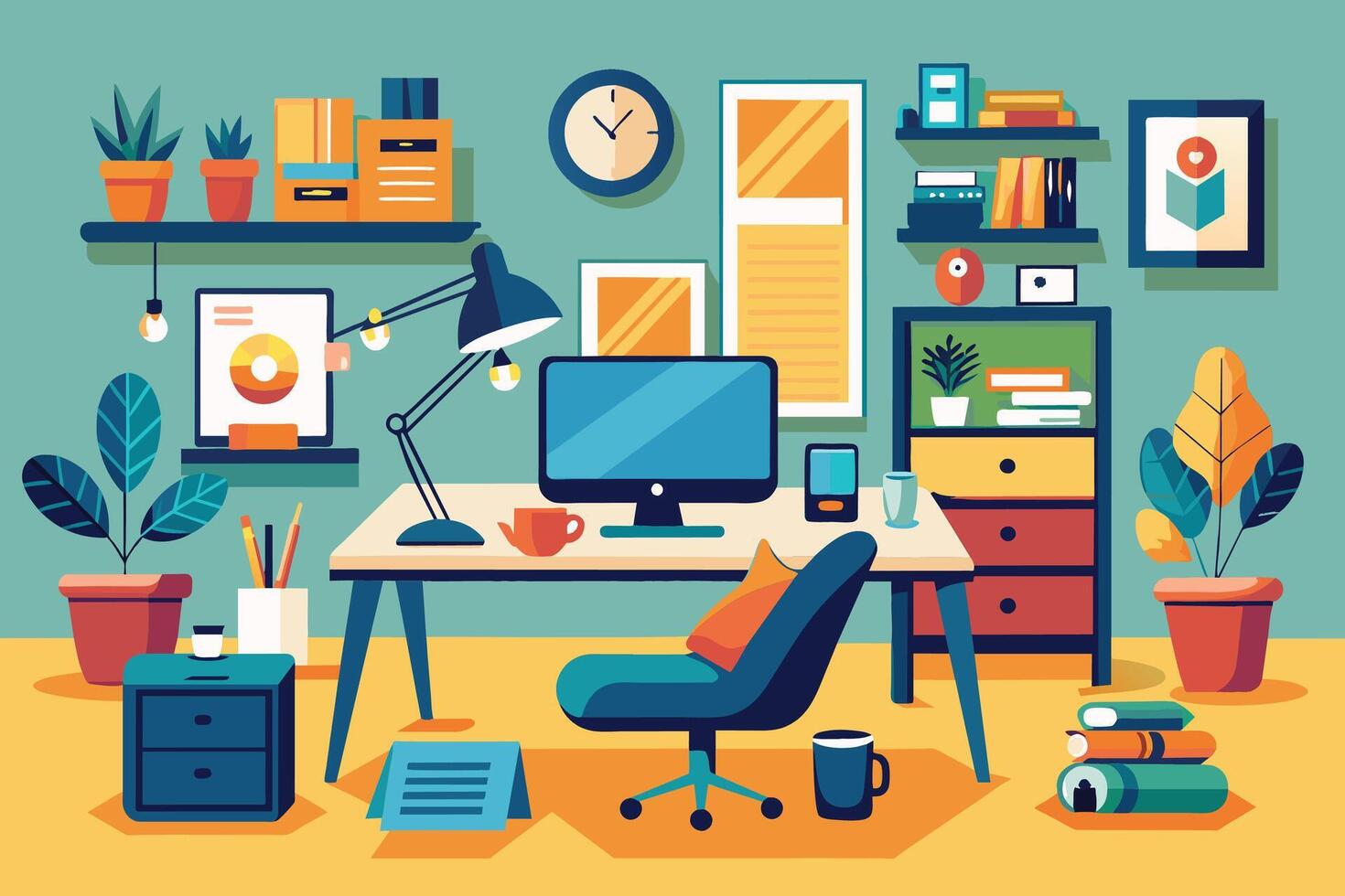 Modern Home Office Workspace With Desk, Chair, and Decor vector