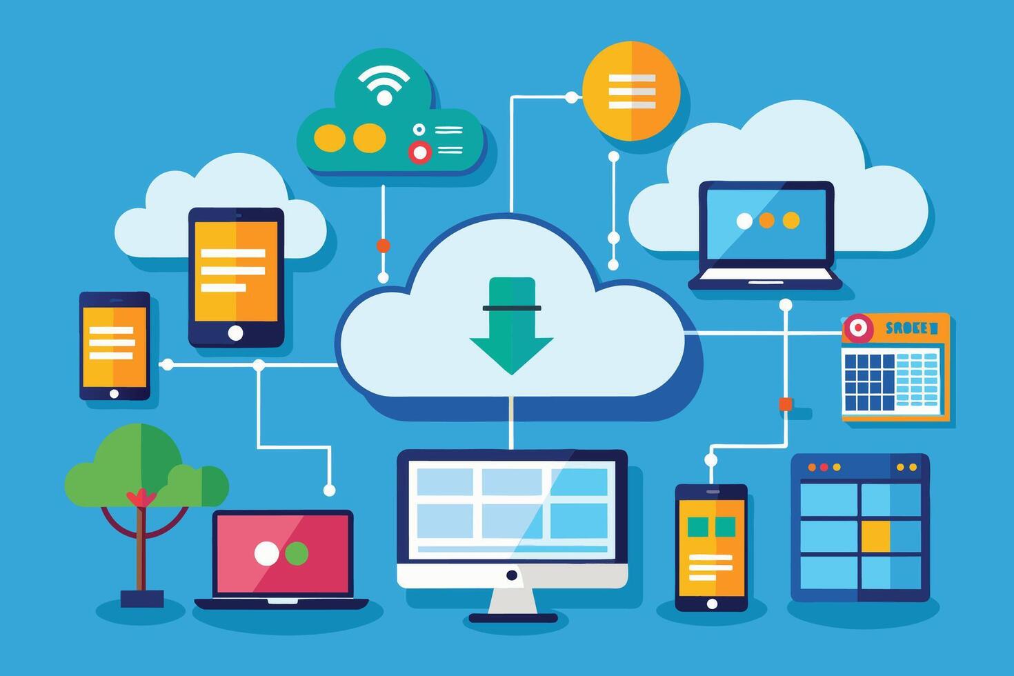 Illustrated Digital Network of Devices Connected to a Cloud Download vector