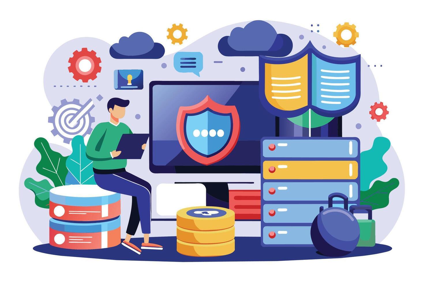 Man Working on Secure Data Storage in the Cloud vector