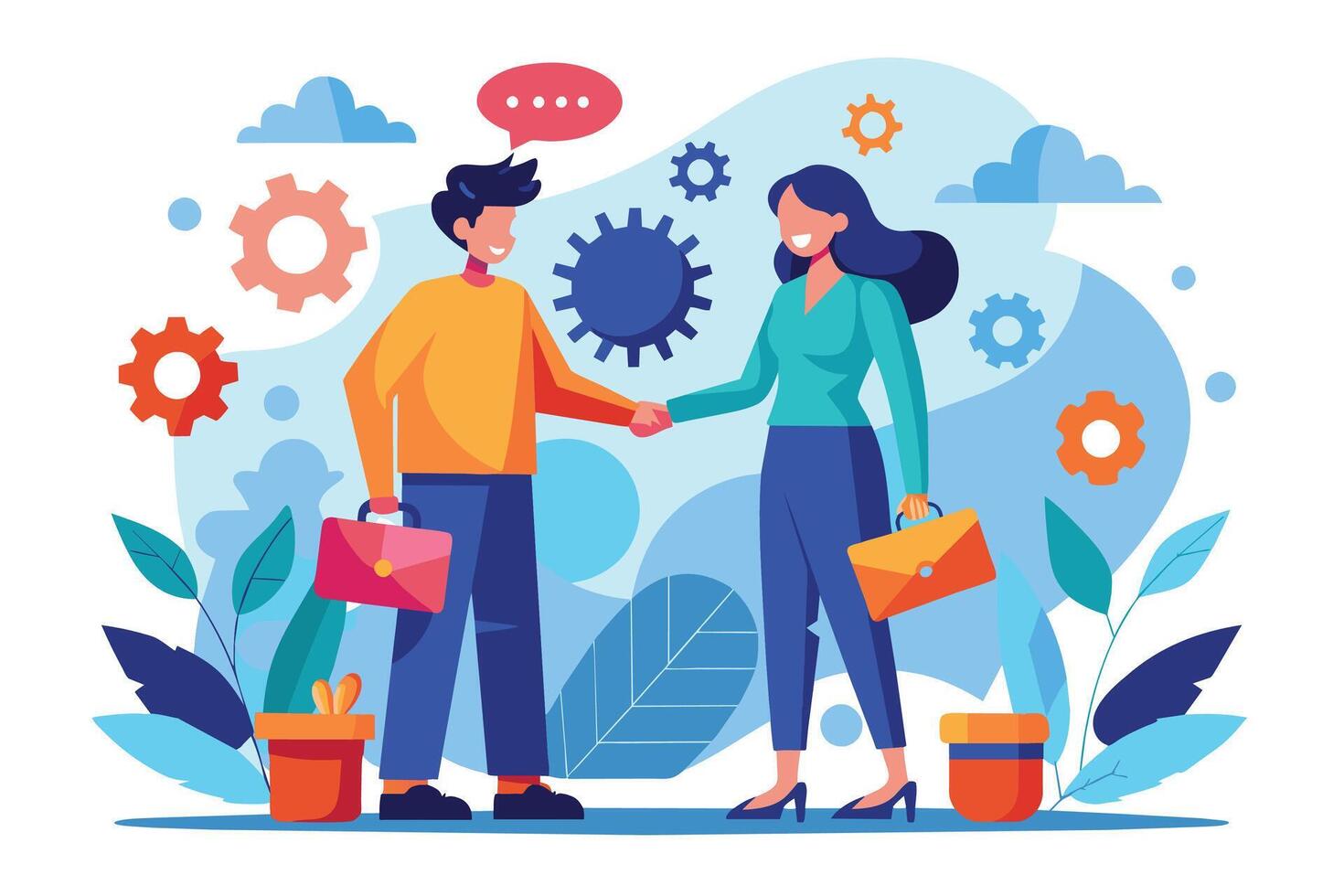 Business Professionals Shaking Hands in Front of Gear Icons vector
