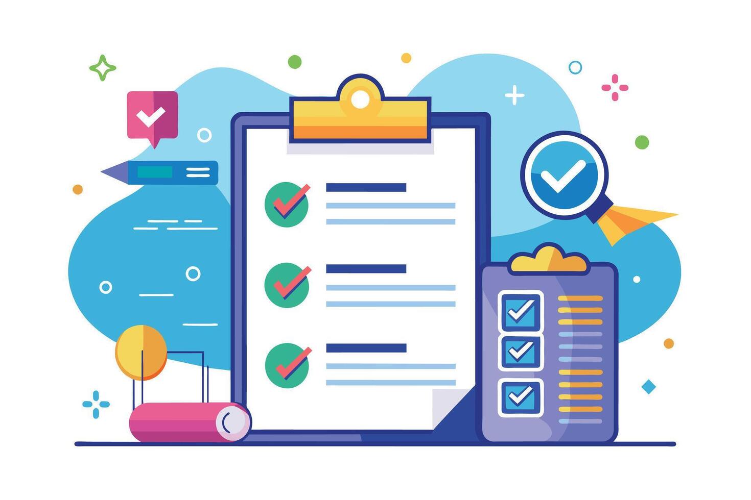 Completed Checklist With Checkmarks and Pencil on Clipboard vector