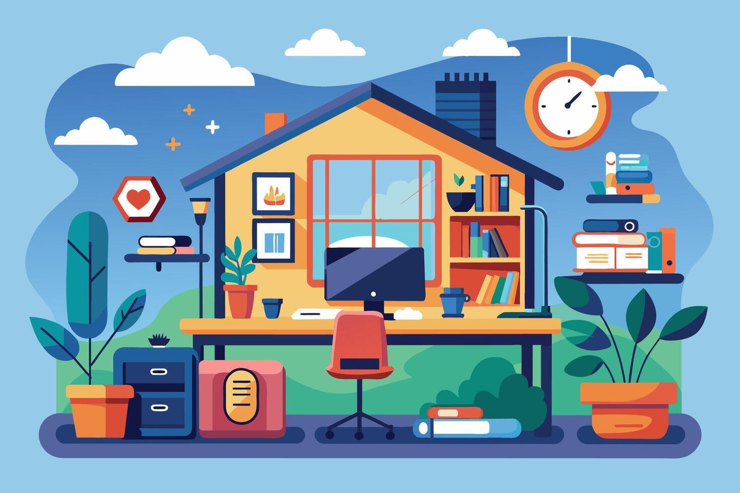 A Home Office Desk With Computer and Bookshelves vector