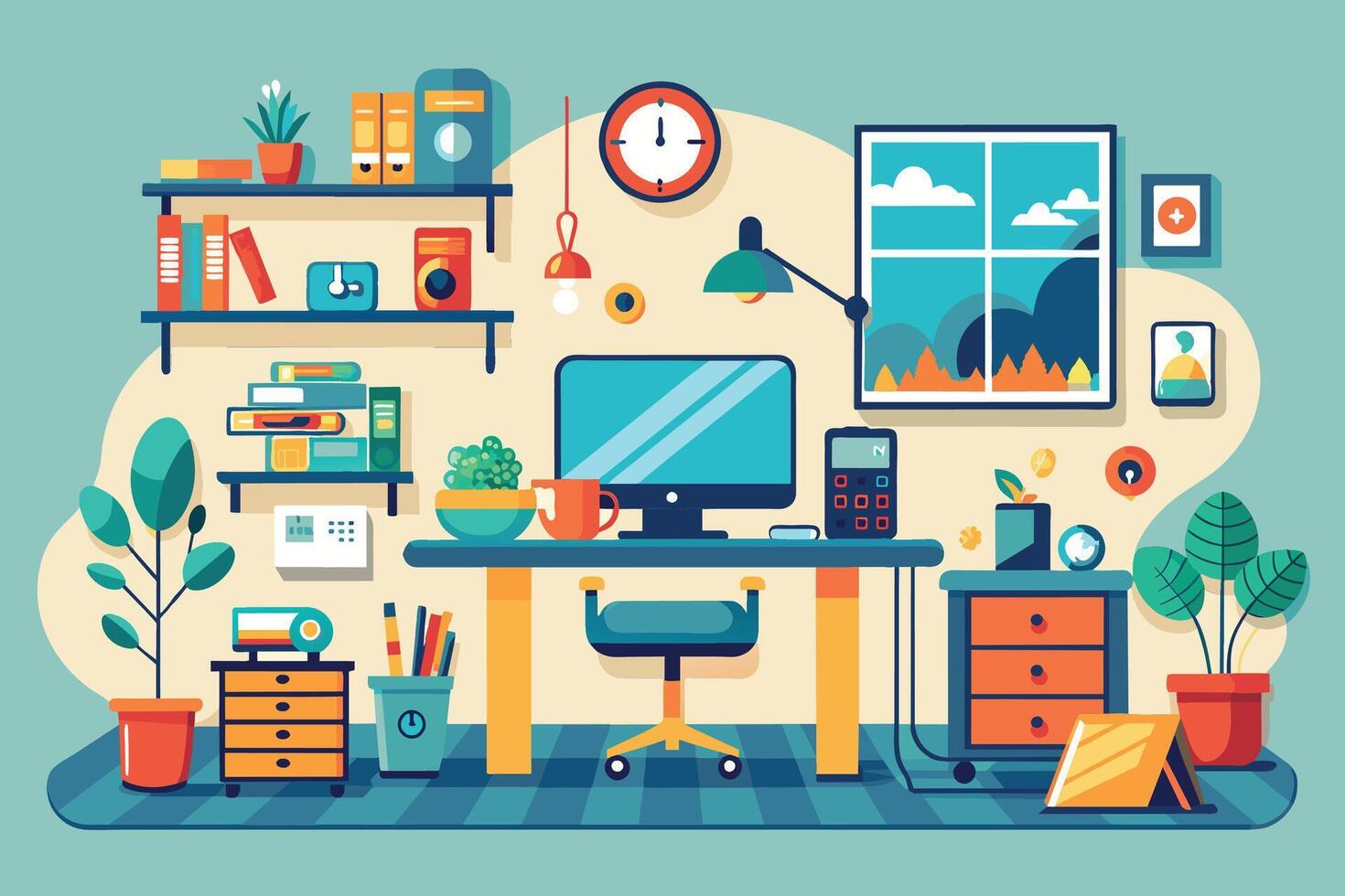 A Modern Home Office Workspace With Desk, Computer, and Plants vector