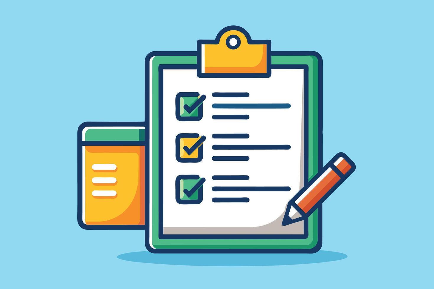 Green Clipboard With Checklist And Pencil On Blue Background vector