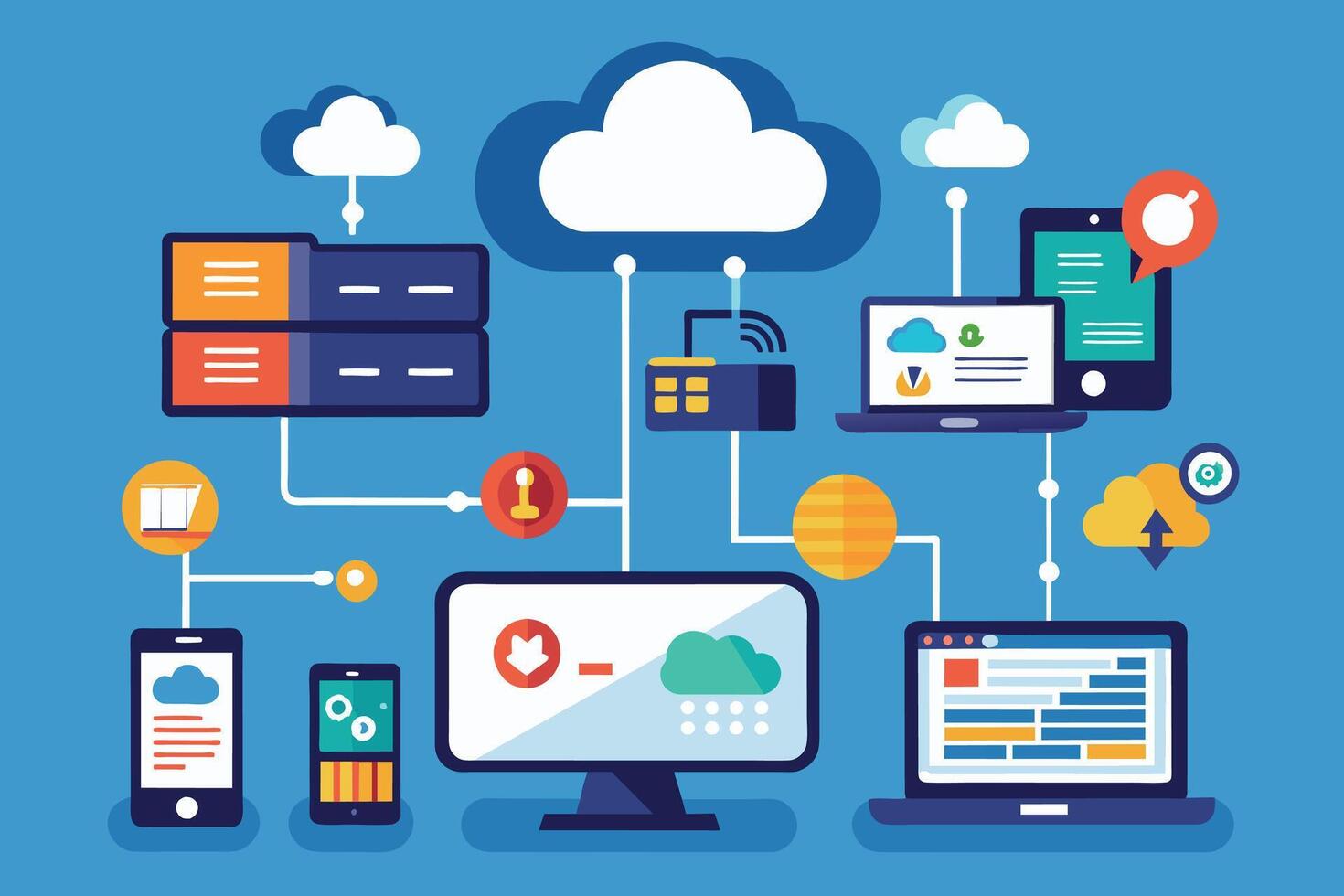 Connected Devices and Data Transfer in a Cloud Computing Network vector