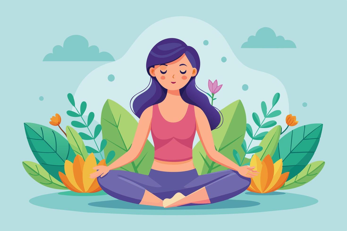 Woman Meditating in a Garden Setting With Green Leaves and Flowers vector