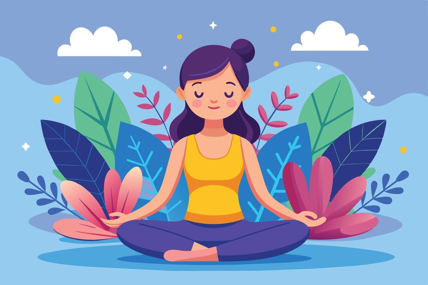 Woman Practicing Meditation In Nature Illustration vector