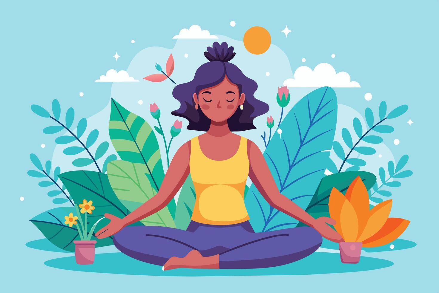 Woman Meditating in a Tranquil Garden Setting on a Sunny Day vector